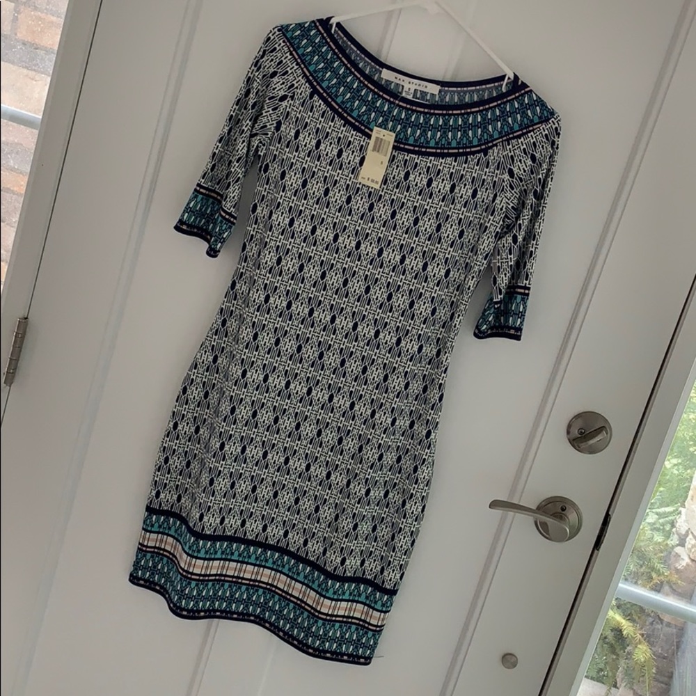 NWT Max Studio sheath dress navy Art Deco print